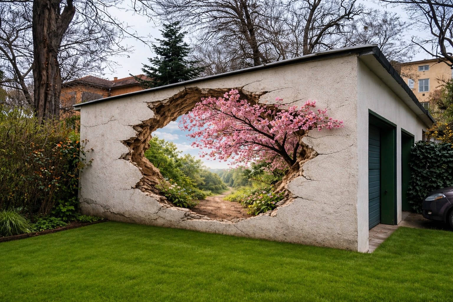 Garázs falára készült 3D hatású áttörés