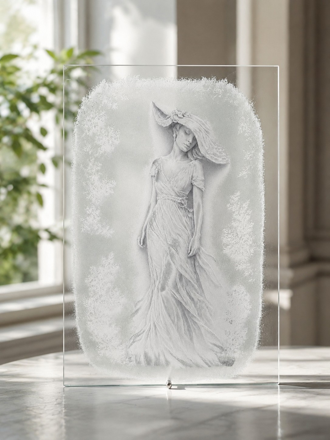 Fehér, áttetsző üvegkeretben domborműves női alak, hópelyhes mintával, lágy nappali fényben. Frosted savmart hatású nőalak grafika átlátszó üvegpanelen.