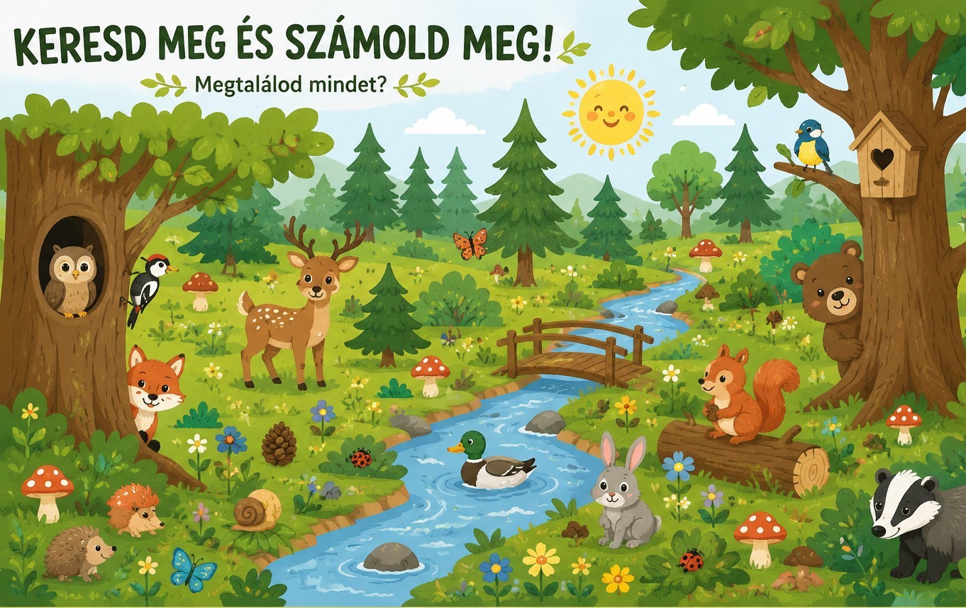 Erdei keresőfal óvodába állatokkal, számokkal és elrejtett részletekkel