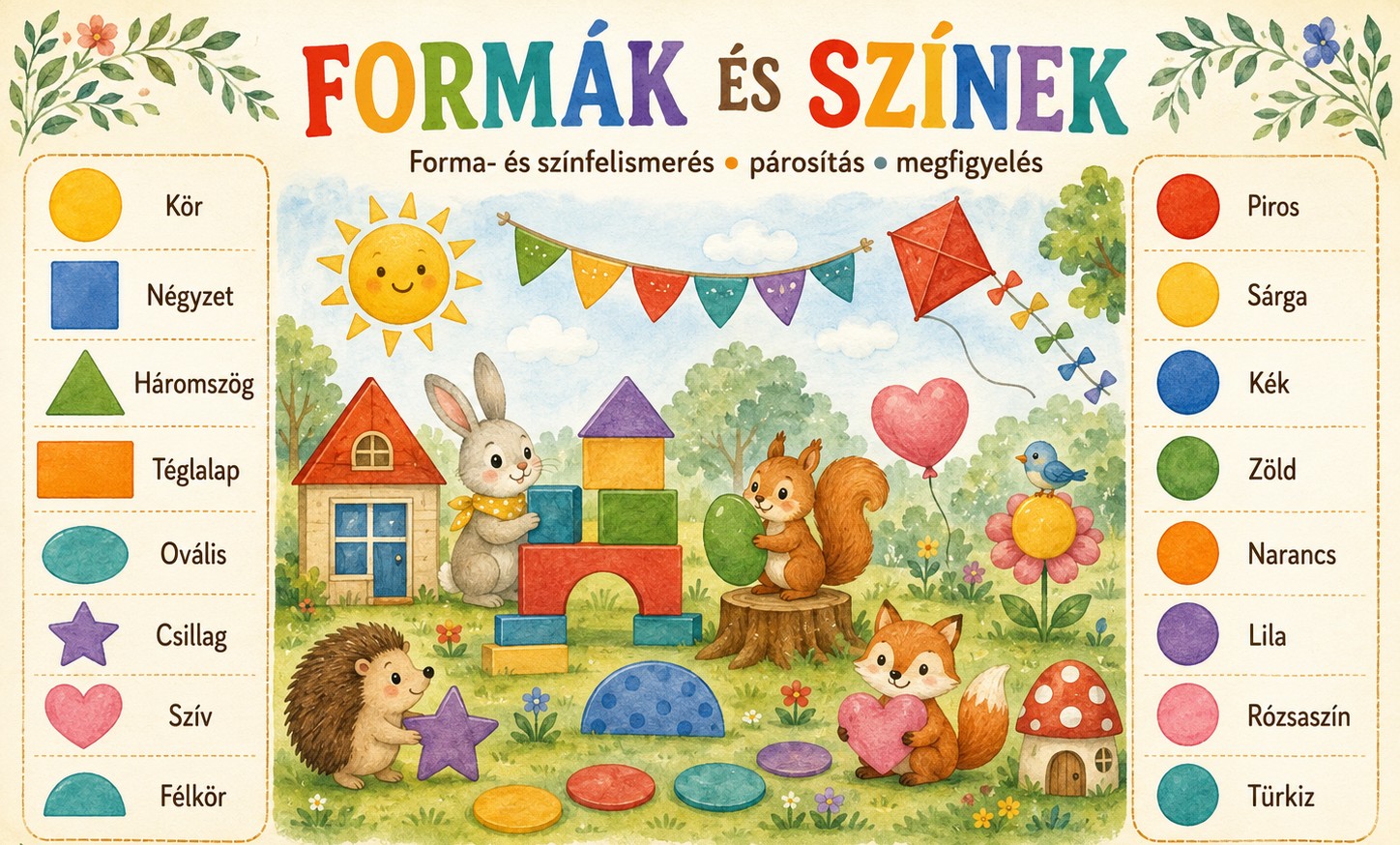 Óvodai formák és színek fal játékos forma- és színfelismerő feladatokkal