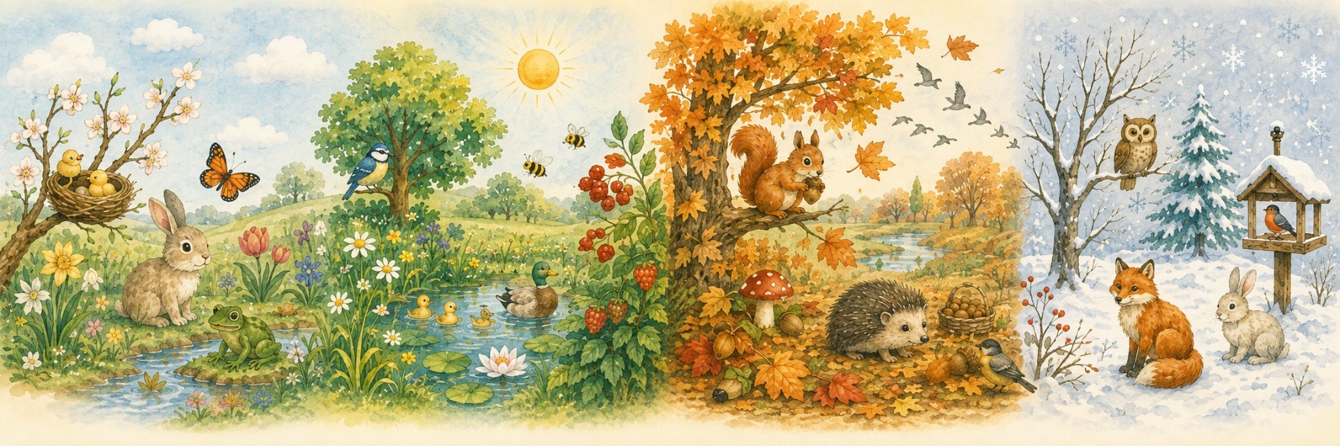 Óvodai természetfal erdei állatokkal és a négy évszak változásaival