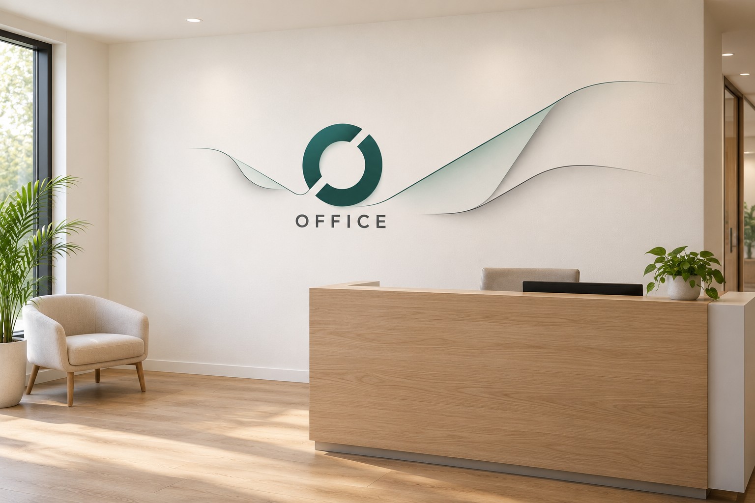 Modern irodai recepciófa, fa pulttal, zöld logóval és hullámzó faldekorációval, növényekkel.