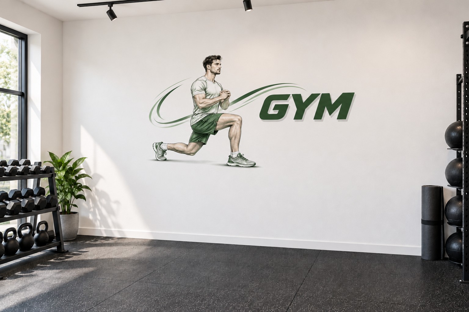 Edzőterem falán futó férfi illusztráció, zöld GYM felirattal, súlyok és jógamatracok mellett. falnyomtatás DB Art Studio Budapest